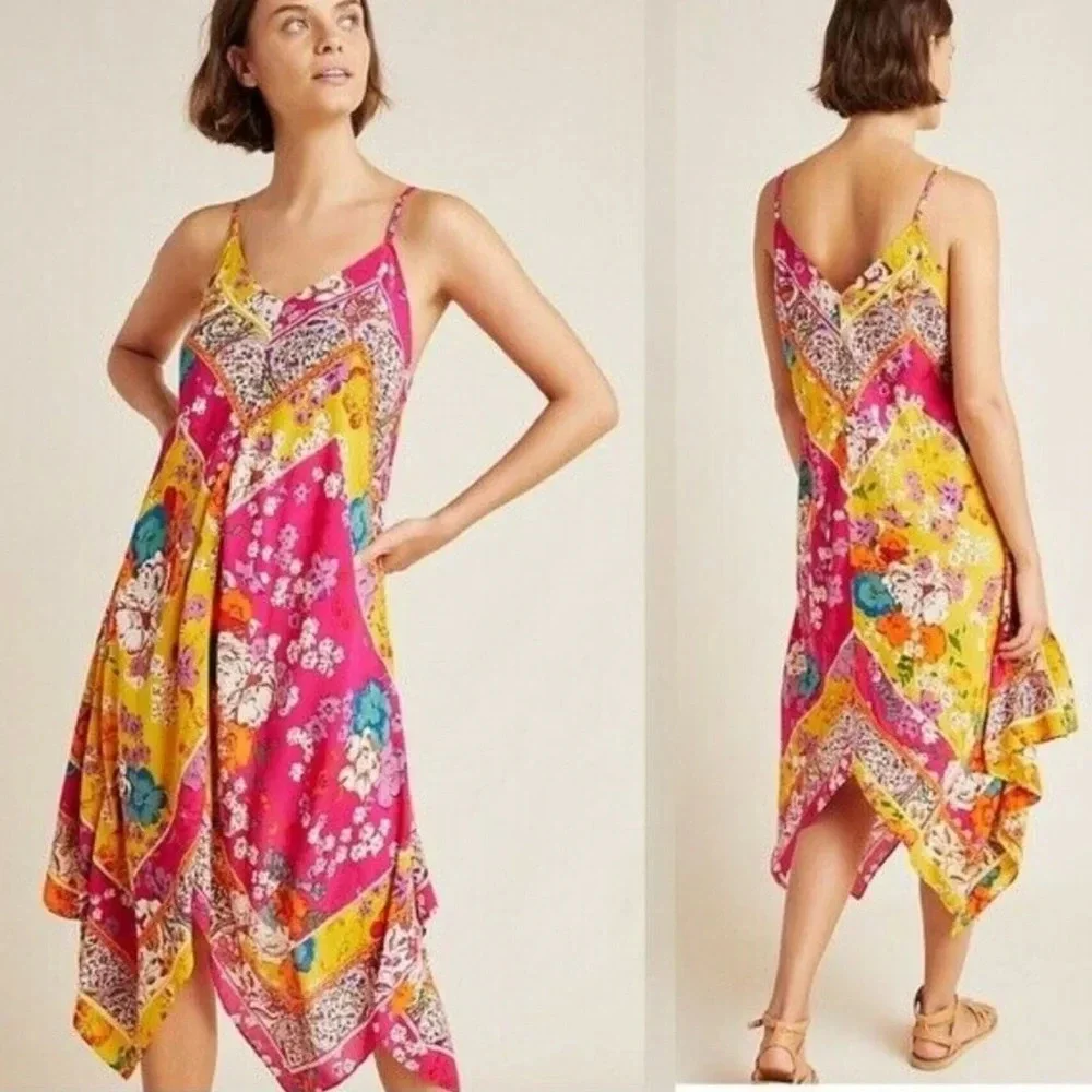 Anthropologie Daria Handkerchief Sleep Midi Dress Multi Floral Asymmetrical XS/S